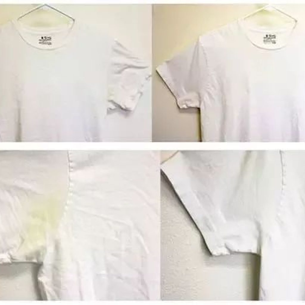 Mix hydrogen peroxide, baking soda, and water in a bowl apply to stained white clothes, brush off after 5-7 minutes, rinse with cold water, and clothes are still white.